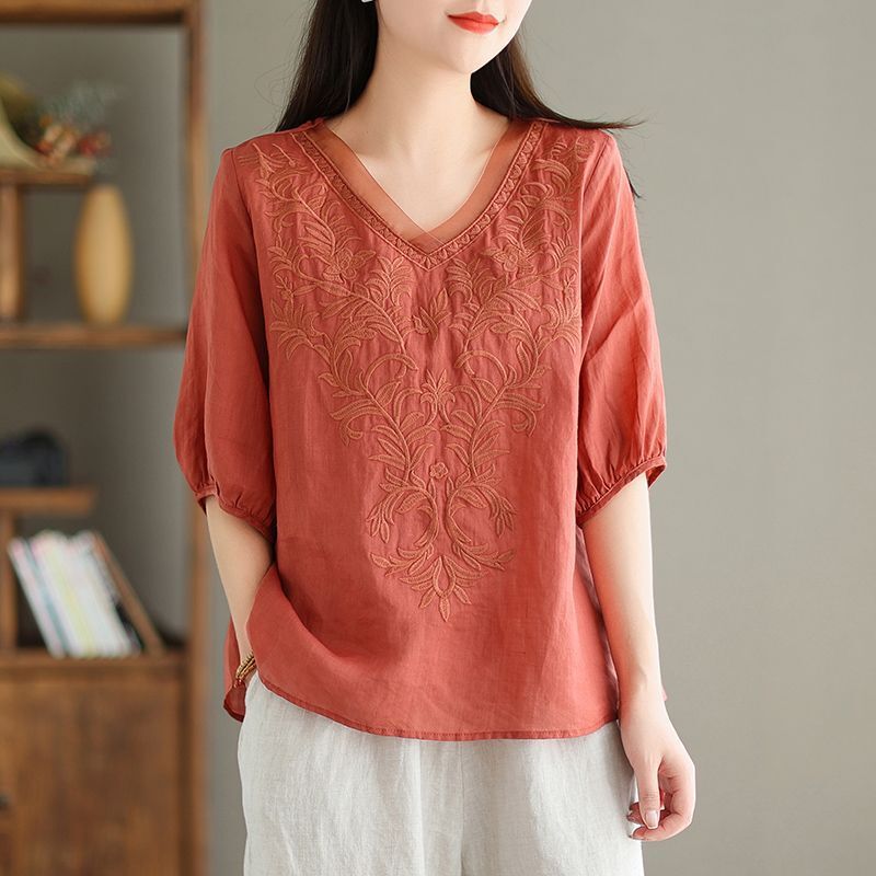 Women's 2024 Summer New Patchwork V-neck Lace Embroidery Fashion Casual Solid Color Simple Casual Versatile Half Sleeve Shirts