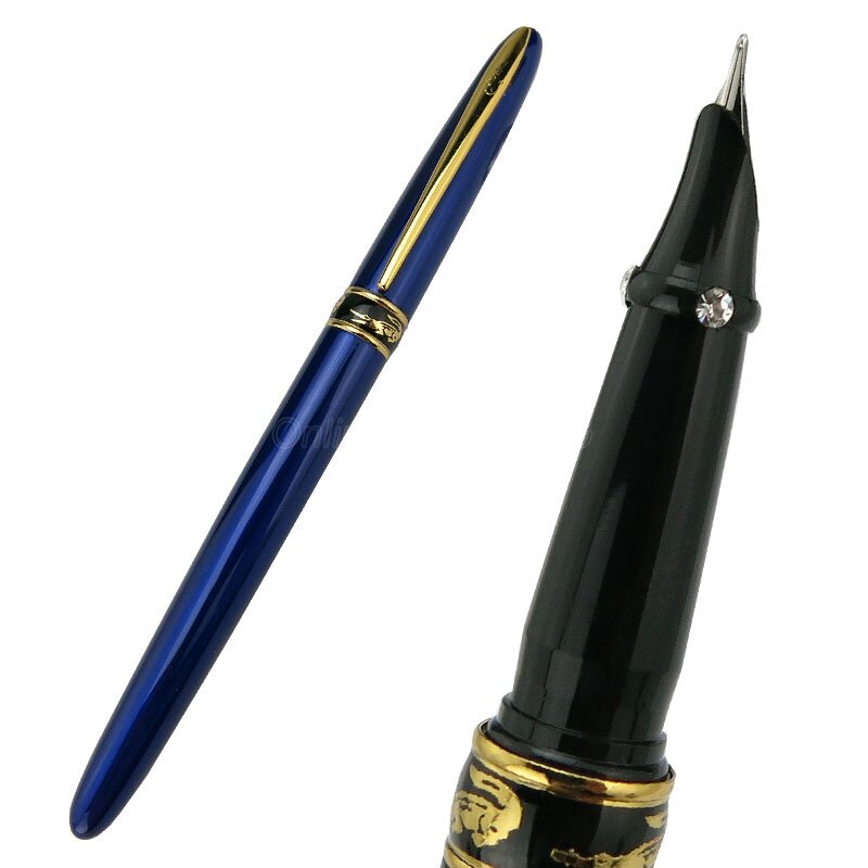 Stylo plume à capuche en métal bleu classique, plume fine, crocodile 215, garniture dorée, bureau, école, écriture, cadeau, accessoire pour stylo