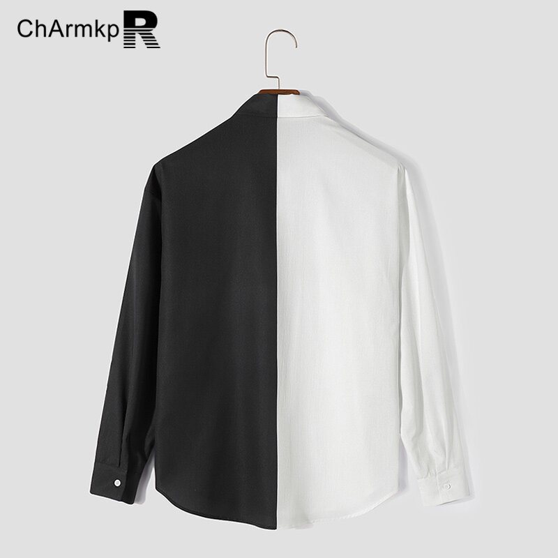 ChArmkpR 남성 의류 라펠 긴팔 셔츠, 스트리트웨어 프린트 패치워크 상의, 패션 2024 여름 셔츠
