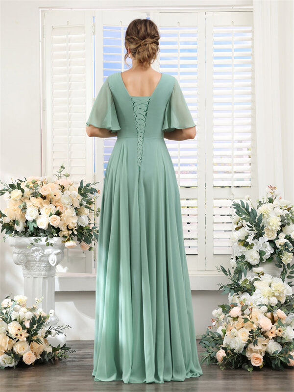 A-Linie Chiffon-Brautjungfer kleider mit V-Ausschnitt und schulter freien, geteilten, boden langen, plissierten Abendkleidern