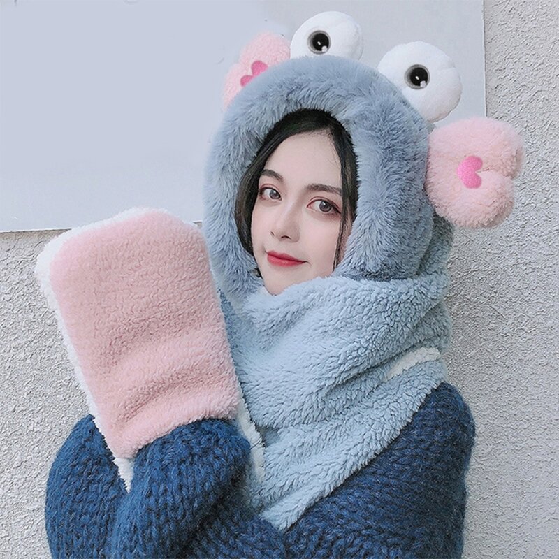 Women Winter Warm 3 In 1 Fuzzy Plush Hooded Scarf Hat Gloves Set Cartoon Big Eyes Ears Windproof Earflap Mittens
