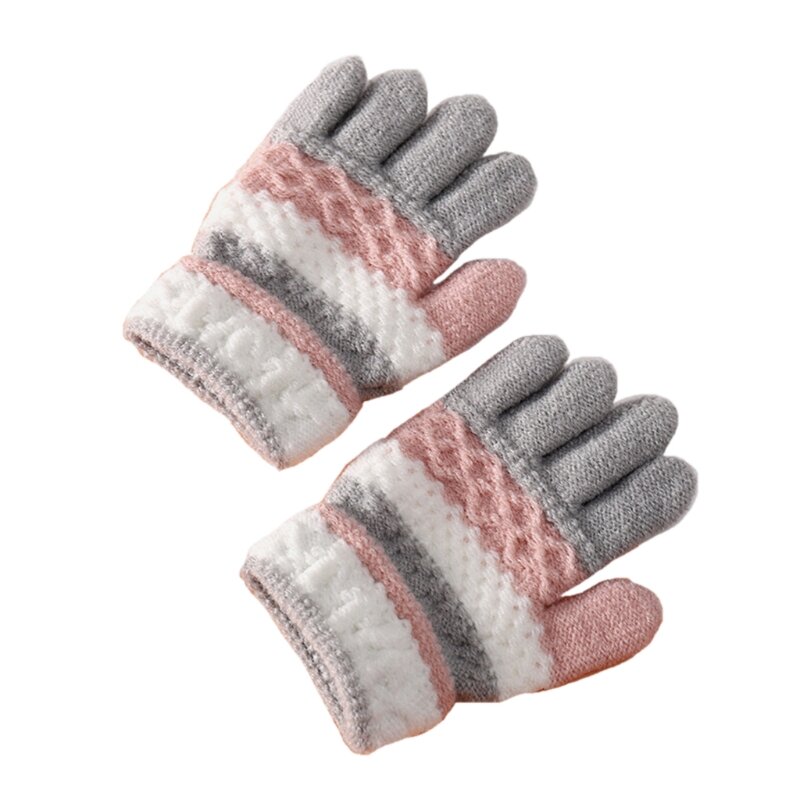 Y1UB 1 Pair Kids Winter Gloves Knitted Stripe Child Coldproof Warm Full Finger Mitten
