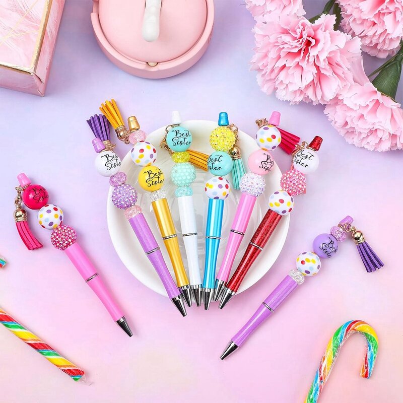 12 buah pena manik-manik aneka warna, Kit pembuatan DIY pena bolpoin warna-warni untuk anak-anak