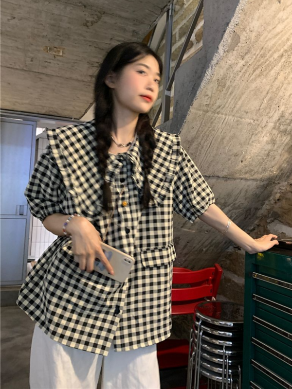 Women Shirts Retro Vintage Plaid Lovely Casual Summer Preppy Style Cute All-match Schoolgirl Simple Sweet Hot Sale Clothes Tops