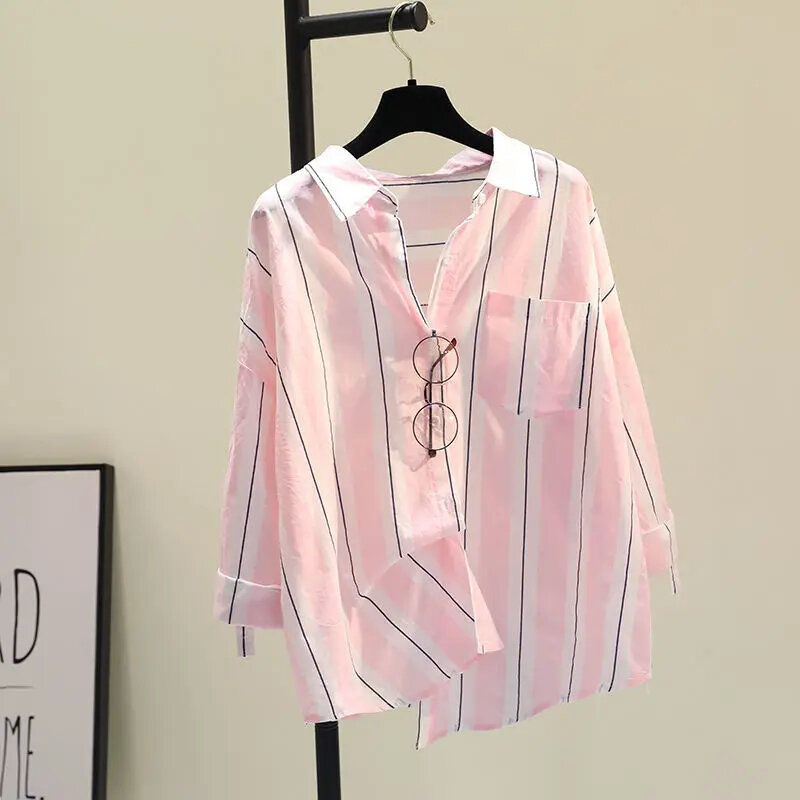 Women's Clothing Loose Striped Printed Long Sleeve Shirt Fashion Korean Style Ladies Lapel Casual Single Breasted Shirt