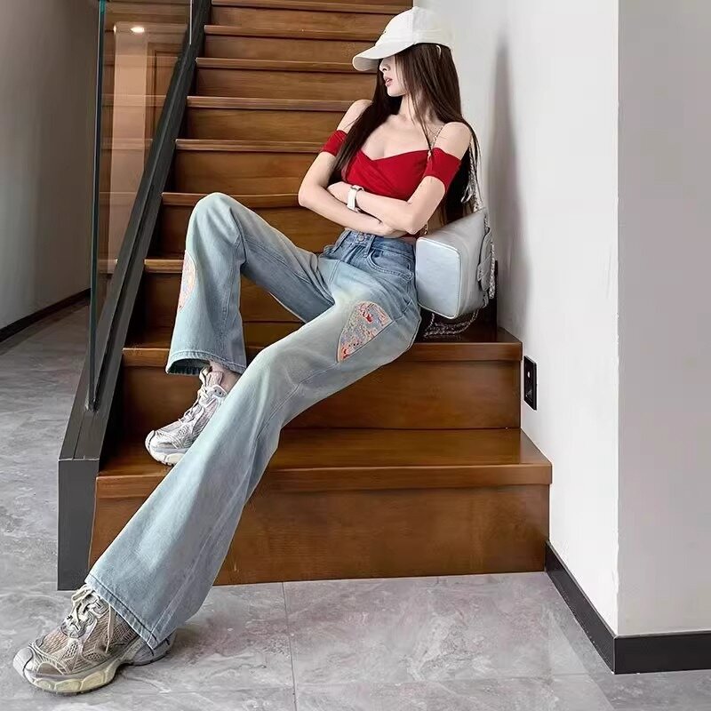 Celana Denim bordir wanita, Jeans Bordir wanita gaya China Musim Semi pinggang tinggi panjang penuh tipis lurus tinggi serbaguna