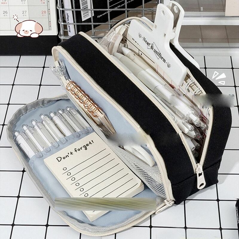 Large Capacity Canvas Stationery Bag Korean Style Desktop Storage Puppy Pencil Pouch Aesthetic Multi Layer Pencil Bag Student