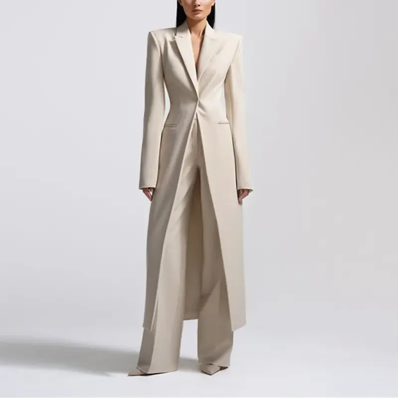 Terno monocromático slim fit de duas peças para mulheres, calças high-end para senhora do escritório, roupas personalizadas, lapela de pico, casaco longo de um botão, moda formal