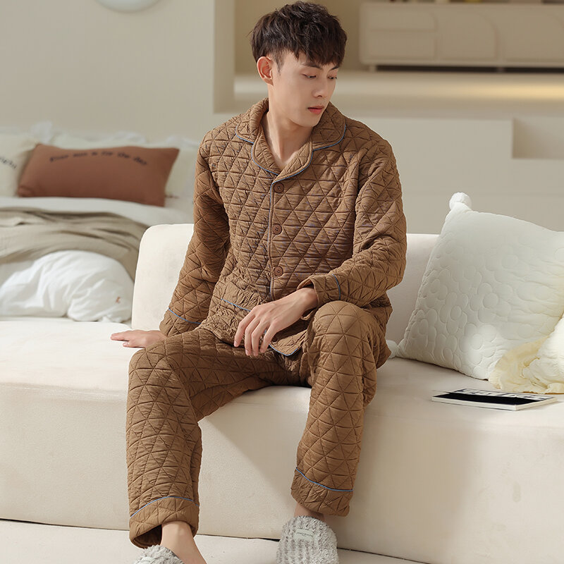 Pijama laminado de algodão masculino, terno acolchoado de 3 camadas, mangas compridas para homens, serviço doméstico quente, quintal grande, outono e inverno