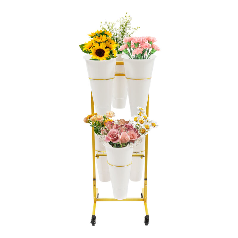 Stojak na kwiaty - 2-poziomowy, 6 wiader, metalowy stojak na rośliny, ruchoma półka na kwiaty do wystroju domu, kwiaciarnia