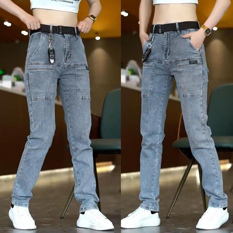 Proste spodnie jeansowe Retro dżinsy spodnie z wiele kieszeni zamkiem błyskawicznym dla mężczyzn średnio wysoka talia prosty krój dla