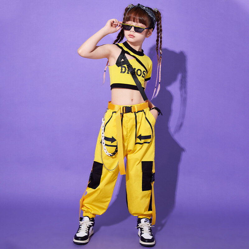 Dziecko Kpop Hip Hop czarny żółty jedno ramię koszulka Crop Top paski na co dzień spodnie do biegania Cargo dla dziewczyny Jazz kostium taneczny ubrania