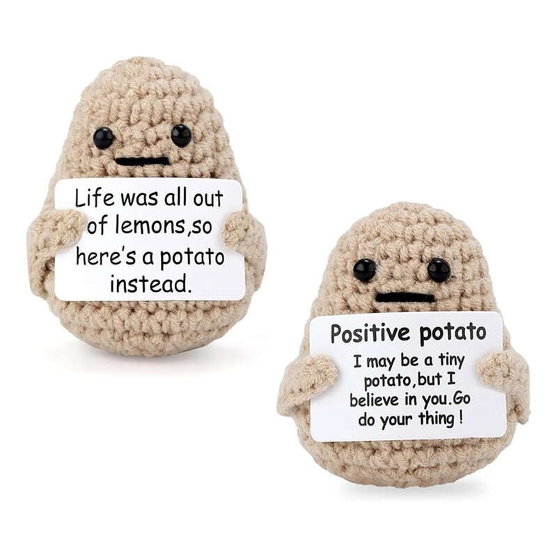 Boneca engraçada da batata com cartão positivo, brinquedo bonito do crochet, 2pcs