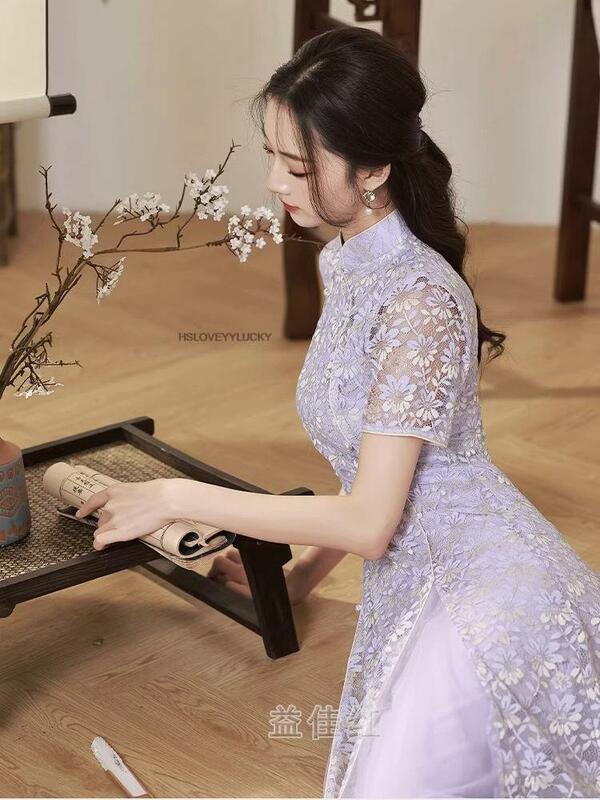 Chiński Cheongsam Vestido Party Cheongsam Vintage damskie wesele Qipao suknia wieczorowa fioletowa koronka orientalne sukienka w stylu Qipao