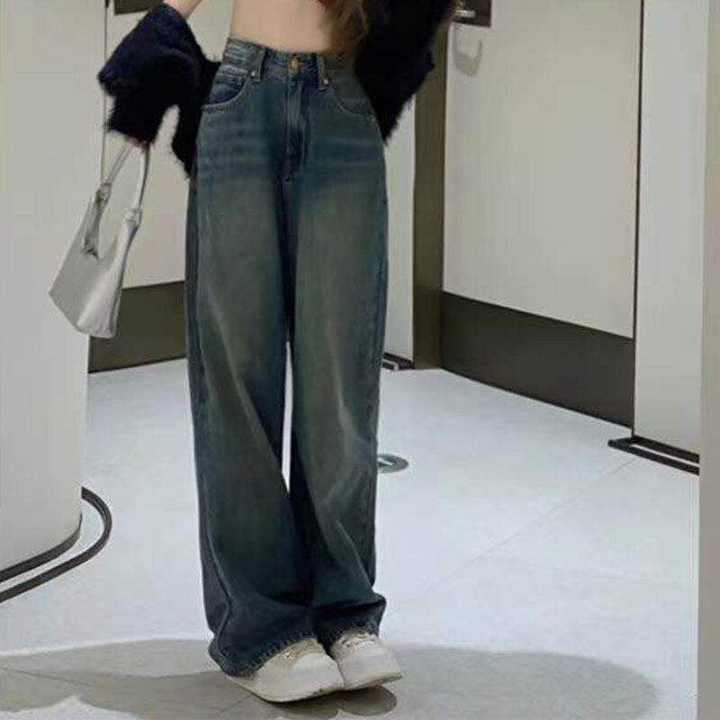 Pantalones vaqueros holgados de pierna ancha para mujer, pantalón Vintage holgado de cintura alta, ropa de calle Y2K, Otoño, 2023
