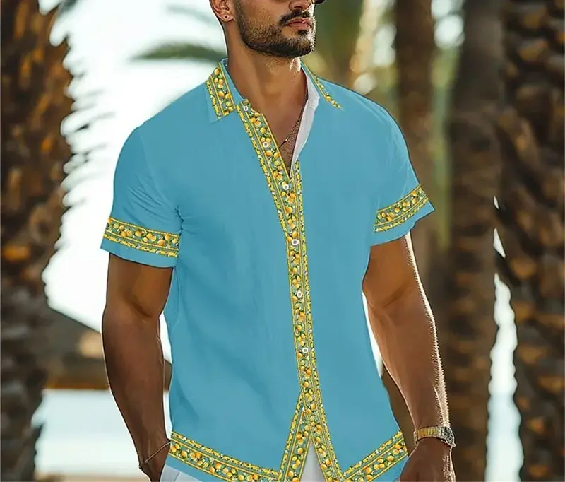 Hawaiian shirt men's solid color 3D patchwork pattern lapel button up short sleeved shirt plus size casual vacation clothing