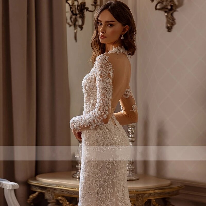Женское свадебное платье с юбкой-годе, кружевное изысканное платье с длинным рукавом и аппликацией, 2024