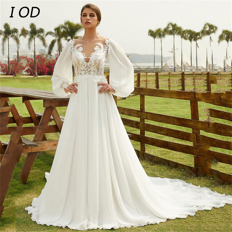 I OD Elegant A-Line Wedding Dress O-Neck Lace Applique Long Puff Sleeves Illusion Button Floor Length Chiffon Bridal Gown New