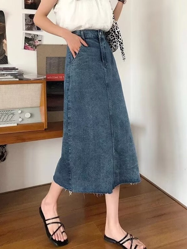 Einfache Röcke Frauen Herbst europäischen Stil Seitens chlitz hoch taillierte elegante All-Match-Streetwear Harajuku solide Mid-Calf Faldas neu