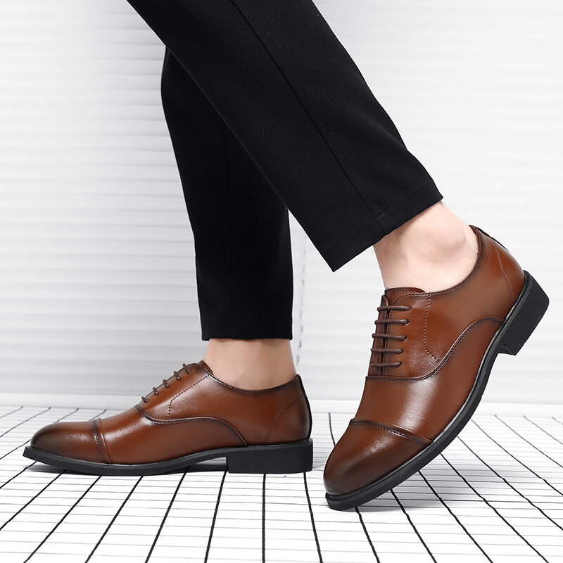 Sepatu kulit lift untuk pria, sepatu selop kulit penambah tinggi 6CM, sepatu pesta pernikahan kantor peninggi untuk pria