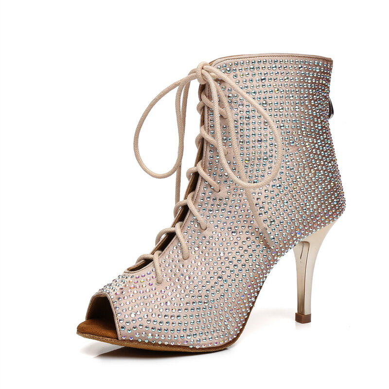 Botas de baile latino con cordones y tacón de Metal para mujer, zapatos sexis con diamantes de imitación, moda de verano y primavera, 2020