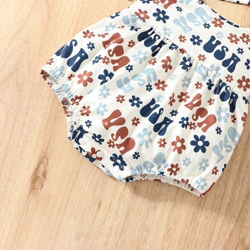 2023-04-01 Lioraitiin 0-18M Independence Day Infant Girls Romper Flower Letter Print Tie-Up Spaghetti Strap Jumpsuits Bodysuits
