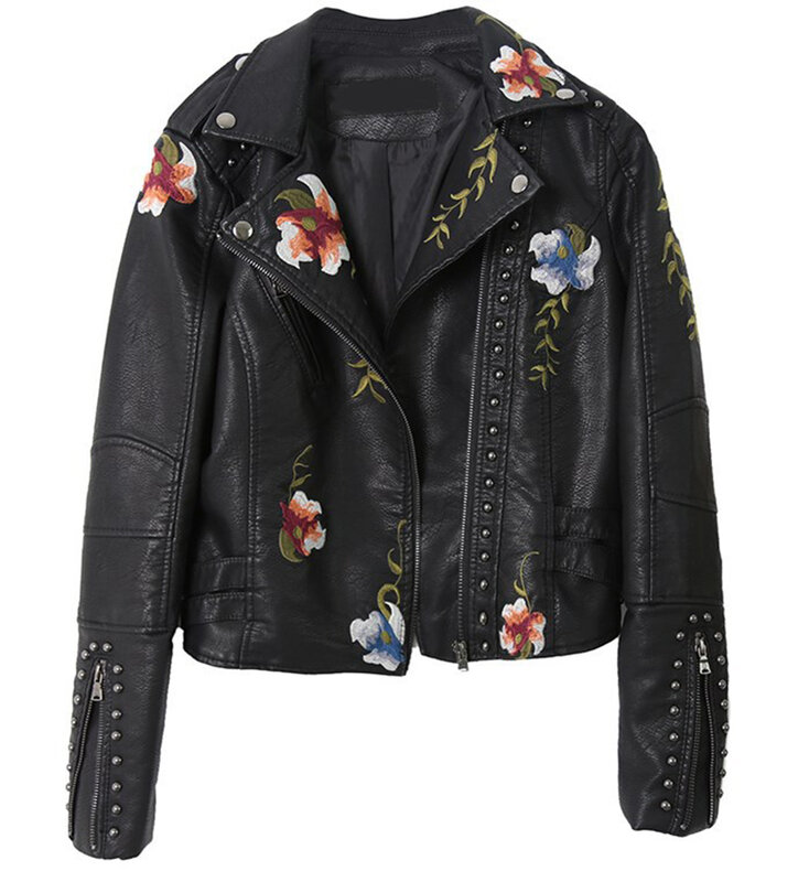 Chaqueta de cuero sintético para mujer, chaqueta de motociclista bordada con remaches, corta, negra, Vintage, coreana