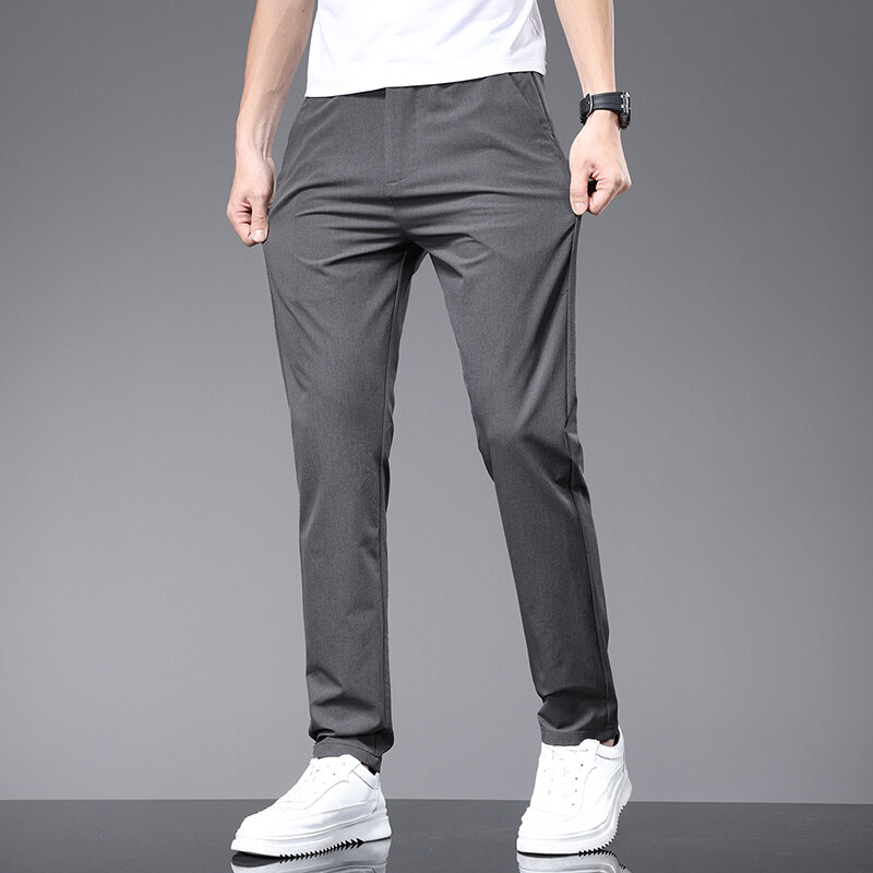 Summer Thin Men's Slim Casual Pants Solid Color Elastic Waist Soft Breathable Business Straight Trousers Black Beige Gray