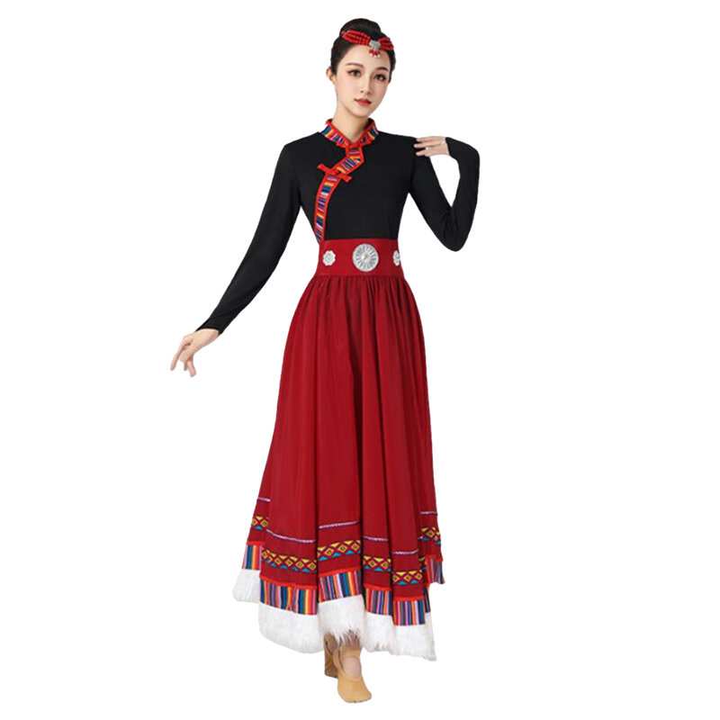 Женские костюмы для народных танцев, топы с цветными полосками и длинным рукавом, отделка из искусственного меха, широкий подол, оборки, расклешенная юбка макси с поясом, головной убор