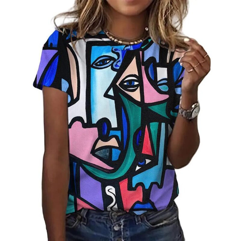 Camiseta feminina com impressão grafite 3D elegante manga curta, blusa casual com gola O, Harajuku vintage, verão, novo, 2022