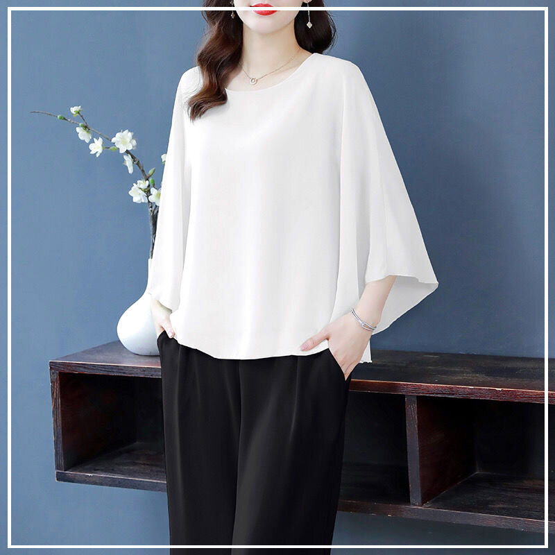 2024 New Summer Elegant and Stylish Simple Round Neck Loose and Casual Oversize Versatile Solid Color Bat Sleeve Shirt for Women