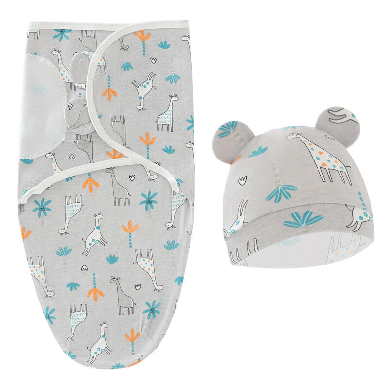 赤ちゃん用コットンモスリンブランケットと帽子セット,新生児用寝袋,調節可能,寝袋,0〜6m