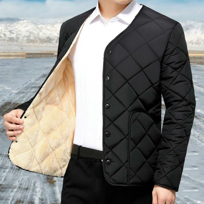 Мужская однобортная куртка, Мужская зимняя пуховая стеганая куртка с флисовой подкладкой и карманами, однобортная теплая верхняя одежда для снега