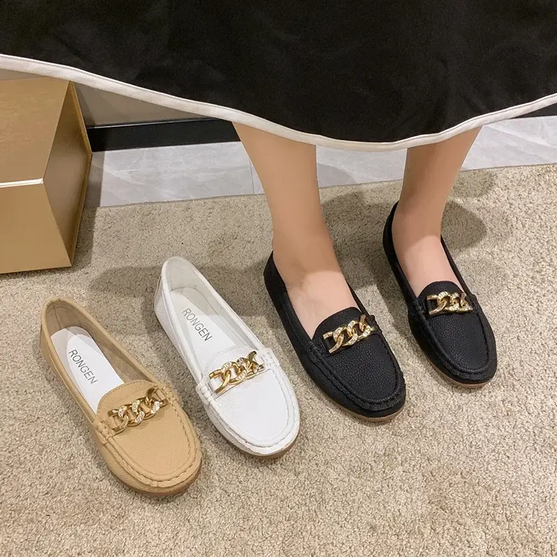 Comemore Female Women Round Head Low Heel Metal Chain Casual Footwear Mother Shoe Lady Loafers Slip on Spring Autumn New Shoes