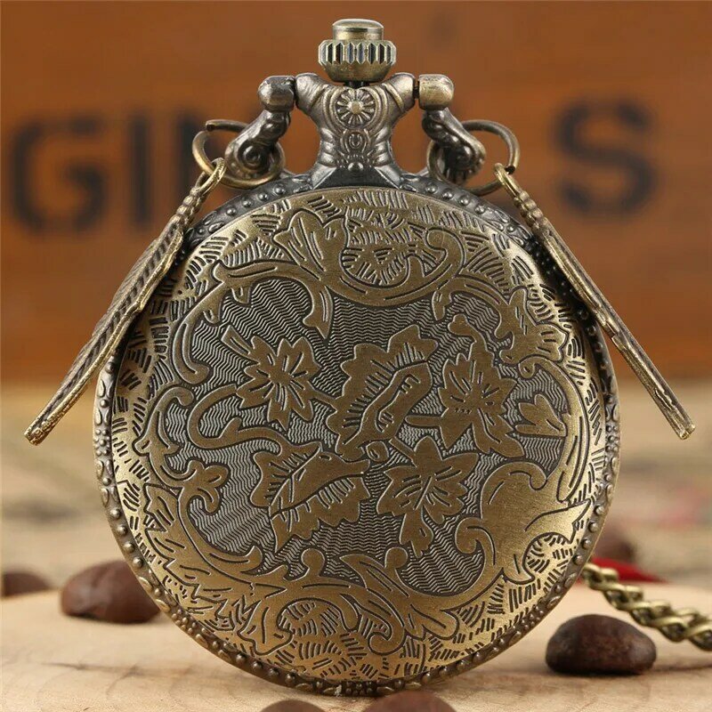 Мужские и женские кварцевые карманные часы в стиле стимпанк с бронзовым рисунком динозавра, часы с арабским номером, цепочка с подвеской, часы с листьями