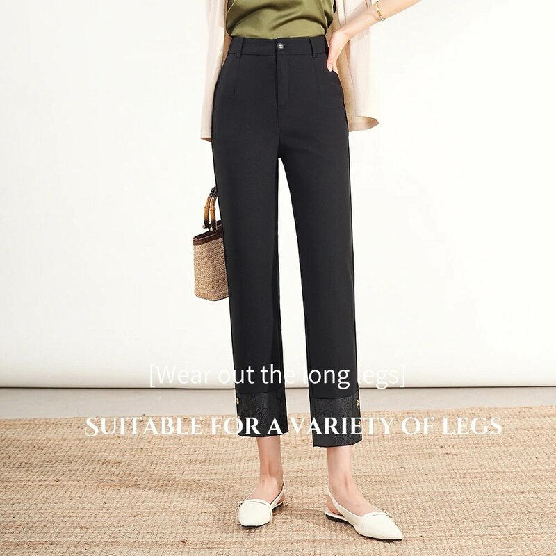 Calça de roupa casual feminina, cintura média, estilo coreano, spodnie, bordado em metal, nove pontos, novo, frete grátis, 2022