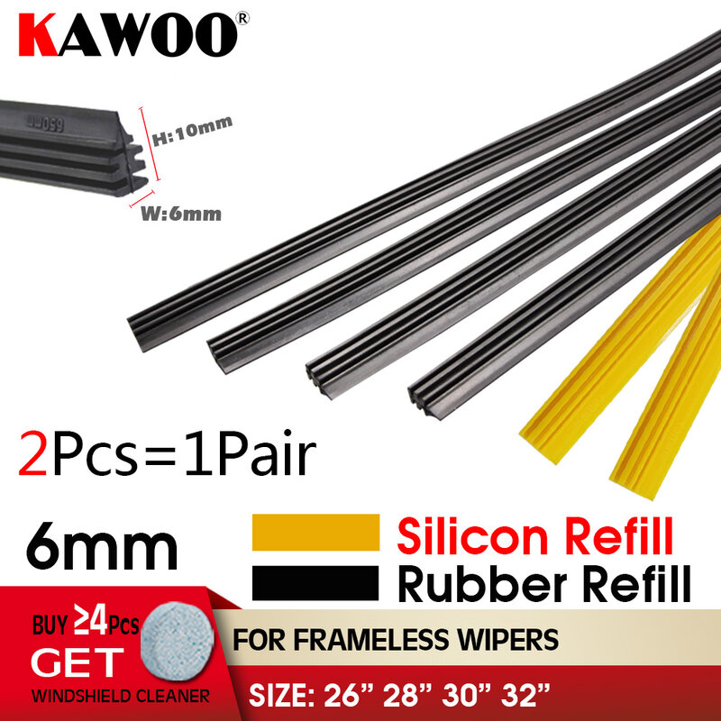 2pcs 6mm Silica gel Silicon Refill Strips Car Wiper Blades Silicon/Rubber Bands for wipers for Frameless Wipers 26"28"30"32"