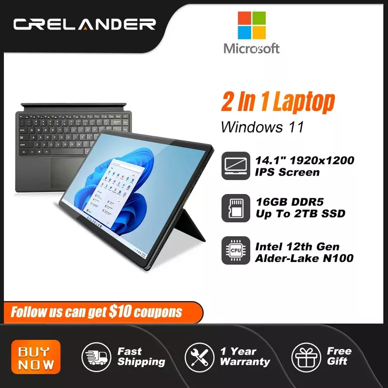 CRELANDER Tablet Pc layar sentuh 14 inci, 2in 1 Notebook Intel N100 Mini PC Windows 11 komputer laptop dengan RGB papan ketik magnetik