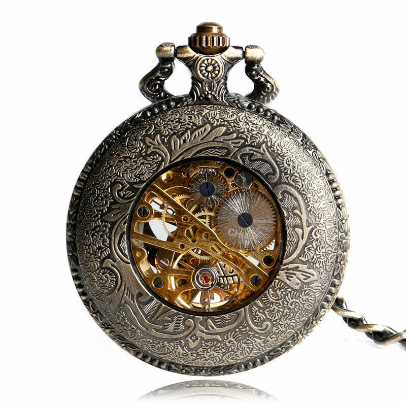 Карманные часы в стиле стимпанк, цвет бронзы, искусственная Мужская Механическая цепь, циферблат с римскими цифрами, хороший подарок