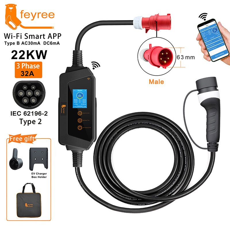 Feyree 전기 자동차 충전기용 휴대용 EV 충전기, 와이파이 앱 제어, EVSE 충전 박스 충전 스테이션, 22KW, 32A, 3 상 타입 2