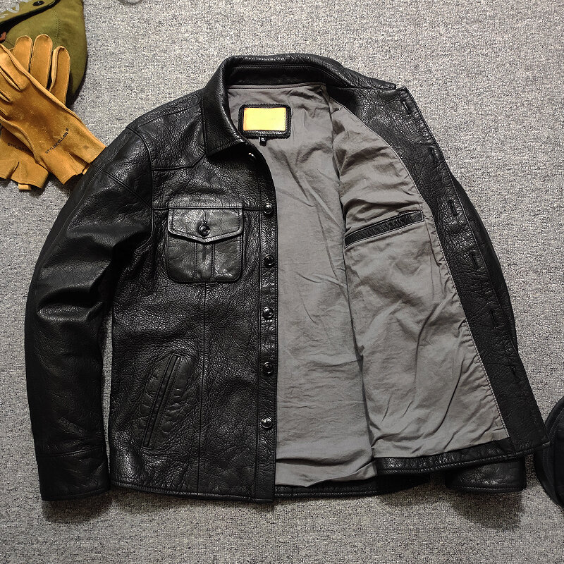 男性用の黒い革生地のジャケット,ファッショナブルなラフゴスキンパターン,スリムな革のコート,日本のスタイル,送料無料