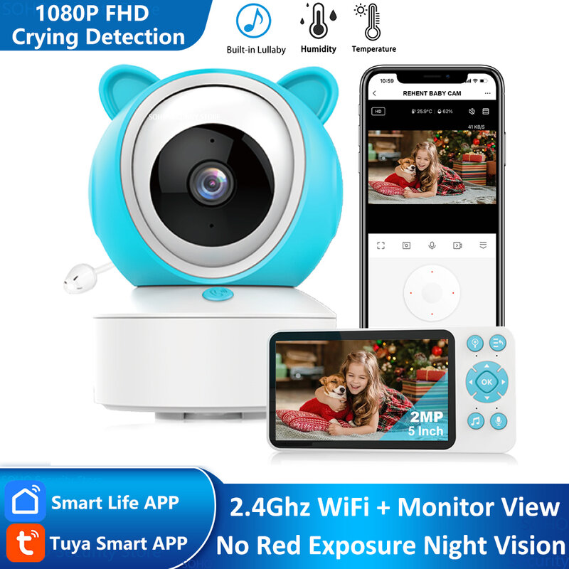 5 "Tuya Smart WiFi Feeding Herinnering Temperatuur Bewegingsgeluid Detectie APP View Control Audio Video Babyfoons Camera 1080P
