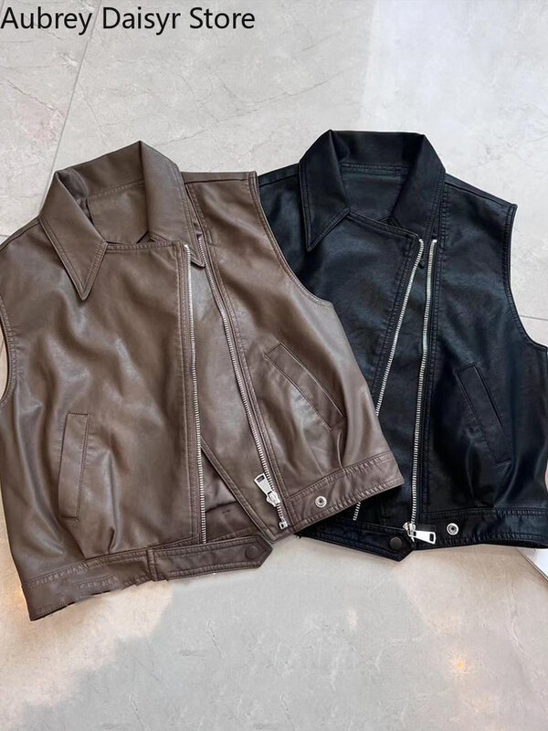 Jaqueta de couro com zíper irregular para moto motociclista, streetwear sem mangas para o verão, colete de couro preto, punk casual outwear
