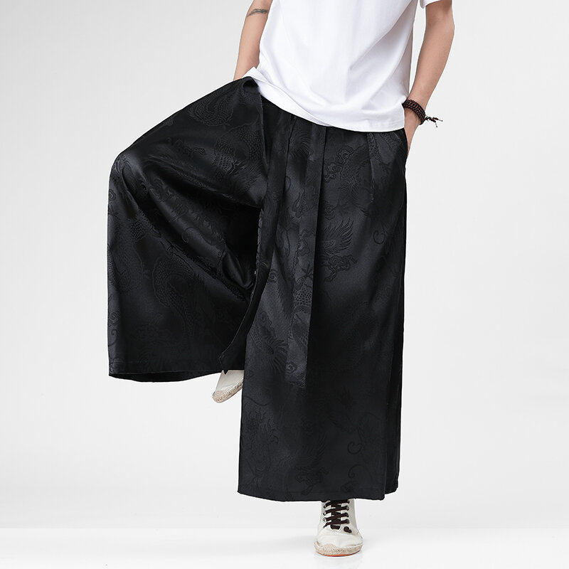 2024 Mężczyźni Ice Silk Spodnie z szerokimi nogawkami Jednokolorowe Luźne Joggery Elastyczne Spodnie Mężczyźni Streetwear Vintage Casual Długie Spodnie