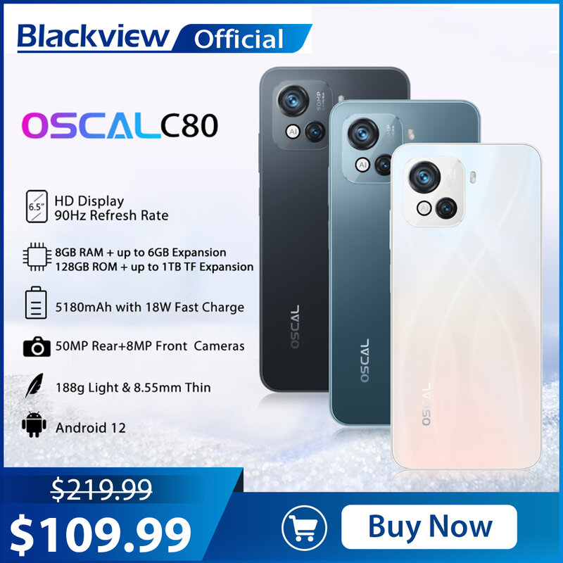 Blackview-Smartphone C80, 8GB + 128GB, Octa Core, Android 12, cámara de 50MP, 5180mAh, 18W, carga rápida