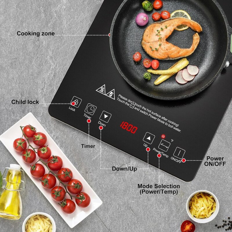 1800W Sensor Touch Single Electric Cooktops Countertop Stove With 8 Temperature & Power Levels, 3-hour Timer, Safety Lock