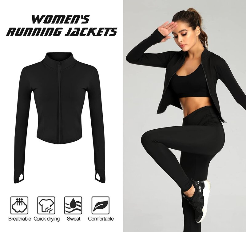 여성용 운동복 재킷, 슬림핏 긴팔 피트니스 코트, 요가 크롭탑, 엄지 구멍이 있는 체육관 재킷, 운동 스웨트셔츠