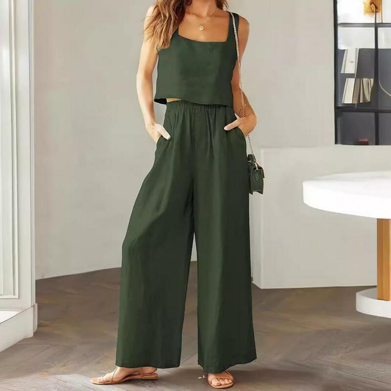 Women's Summer 2 Piece Outfits Vest Pants Suit Square Neck Sleeveless Loose Top High Waist Wide Leg Trousers Casual Tracksuit