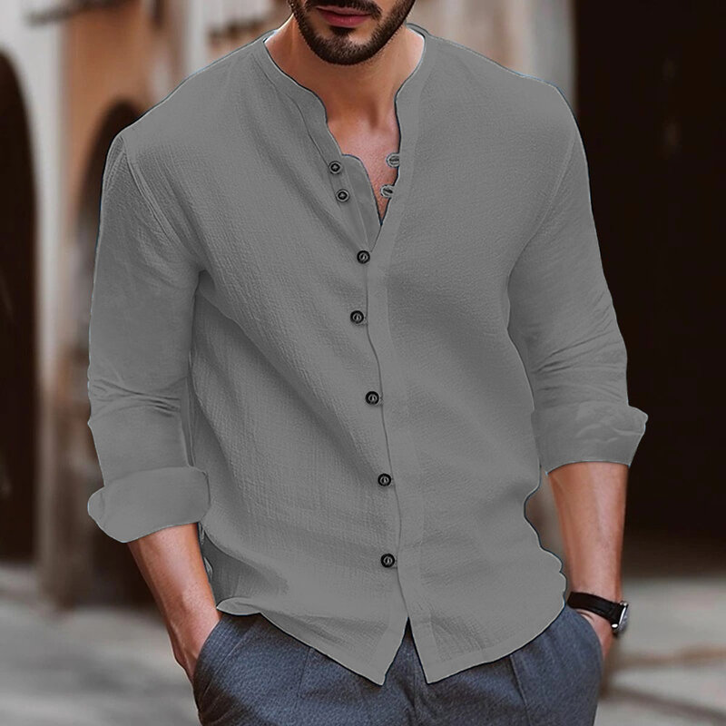 Camisa de linho de algodão manga comprida com gola V masculina, roupas casuais, tops populares para homens, botão, 7 botões