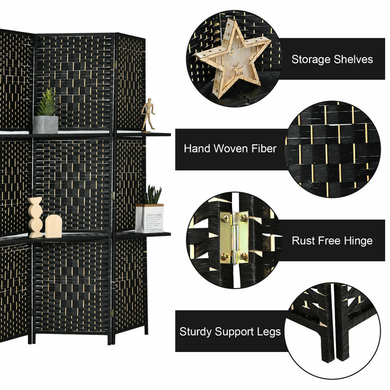 6-Panel Folding Room Divider Weave Fiber Screen 6 Ft Tall W/ 2 Display Shelves